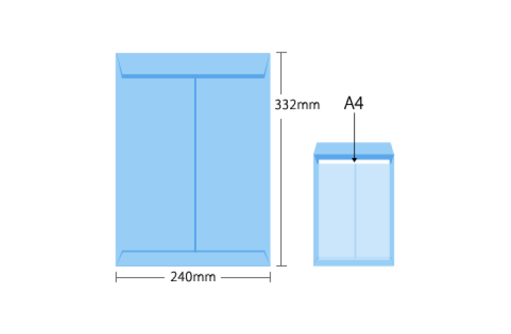 角2封筒のサイズを表した図。角2封筒のサイズは240×332mmで、A4を折らずに封入可能なサイズ。