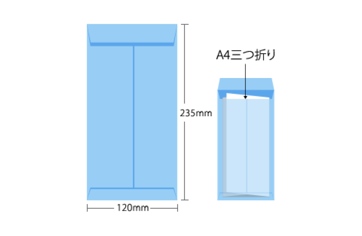 長3封筒のサイズを表した図。長3封筒のサイズは120×235mmで、A4を三つ折りで封入可能なサイズ。
